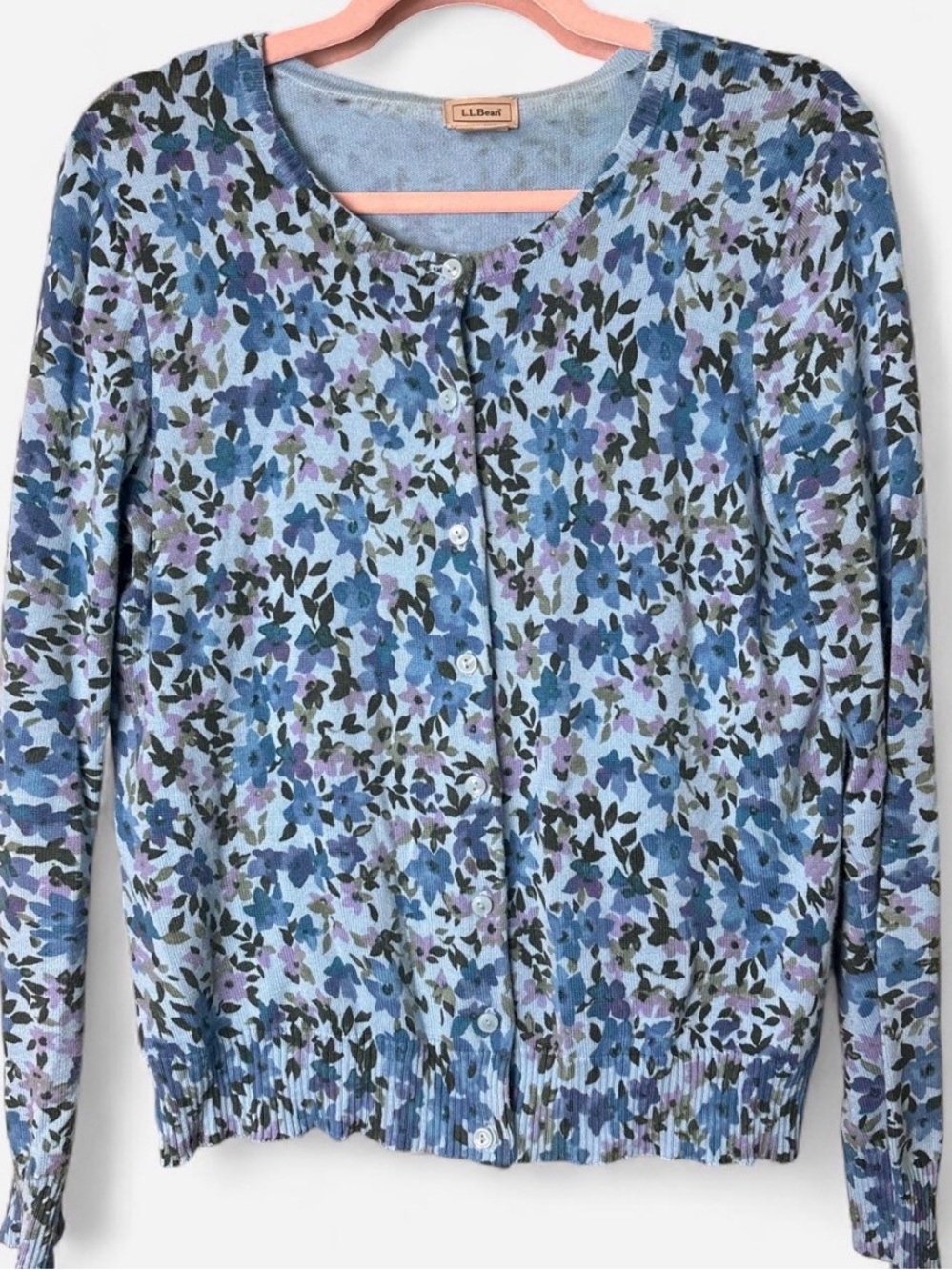 L.L. Bean Women's Blue Purple Green Floral Button-Front Cotton Cardigan Medium M